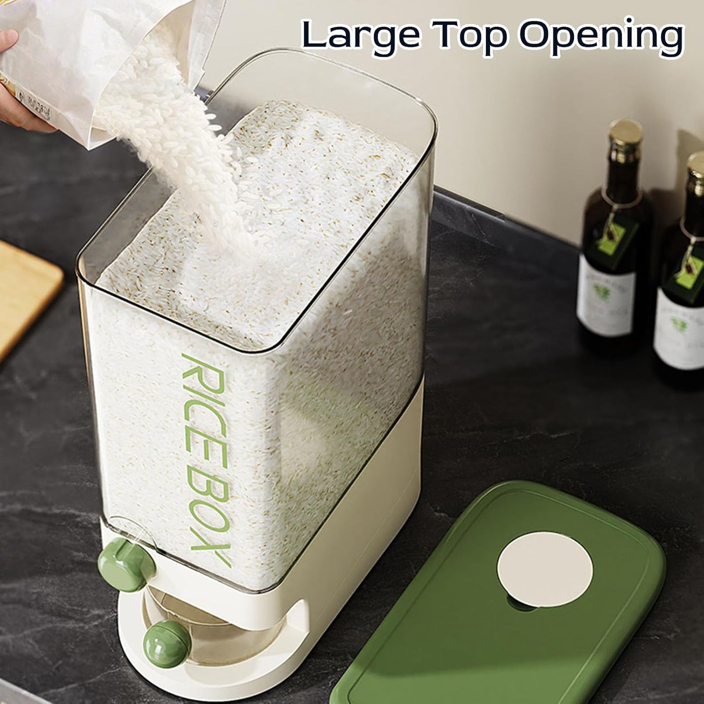 TARSHYRY Rice Dispenser, Large Capacity 10kg Airtight Space Saving Grain Storage Container with Measuring Cup, for Rice Beans Corn Tapioca (Green)