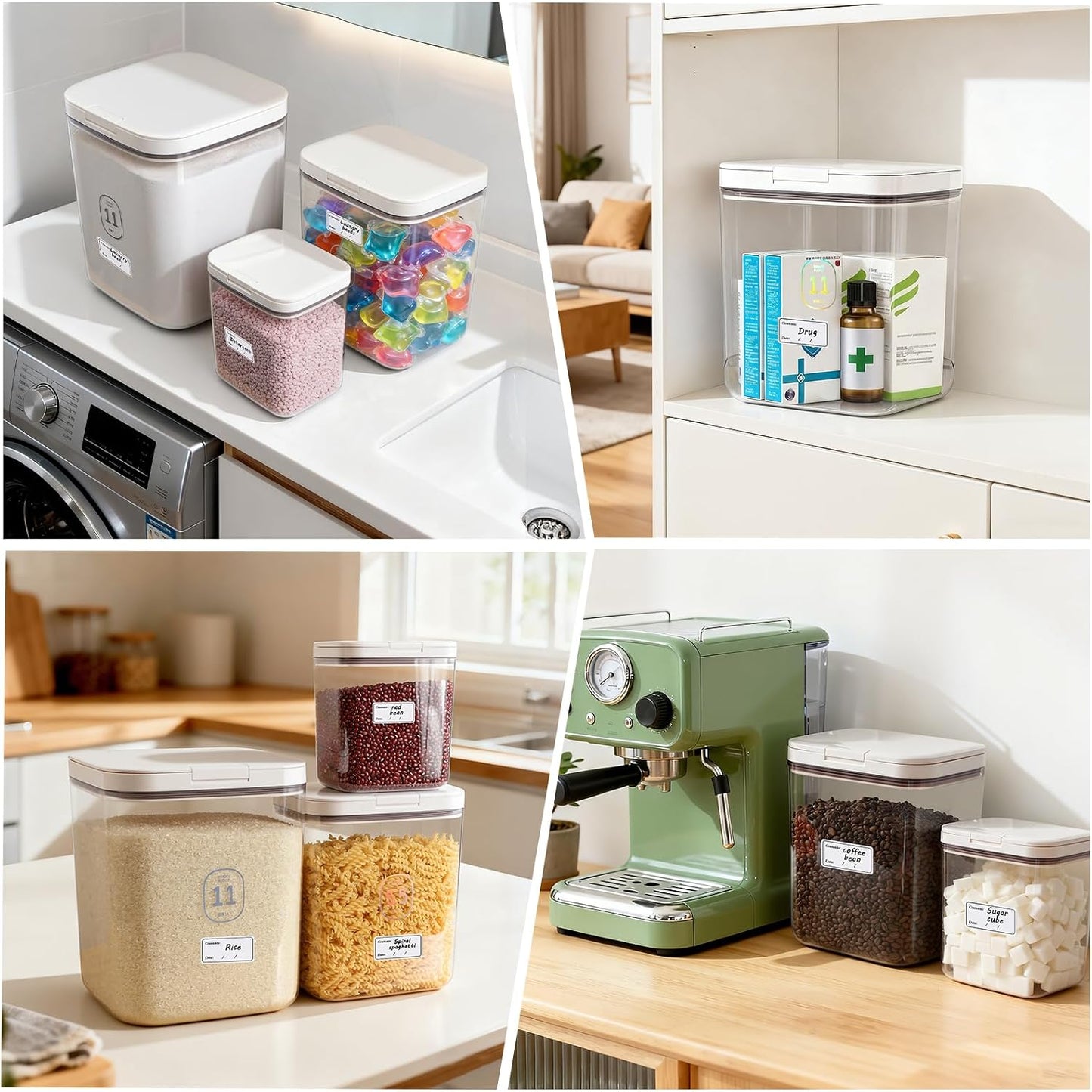 3 Pack Rice Storage Container 11.6 QT/5.8 QT/2.1 QT Flour Dispenser with Measuring Cup and Label Stickers for Kitchen Pantry Organization Storage Bins with Pop-up Lid for Food for Pasta Sugar Cereal