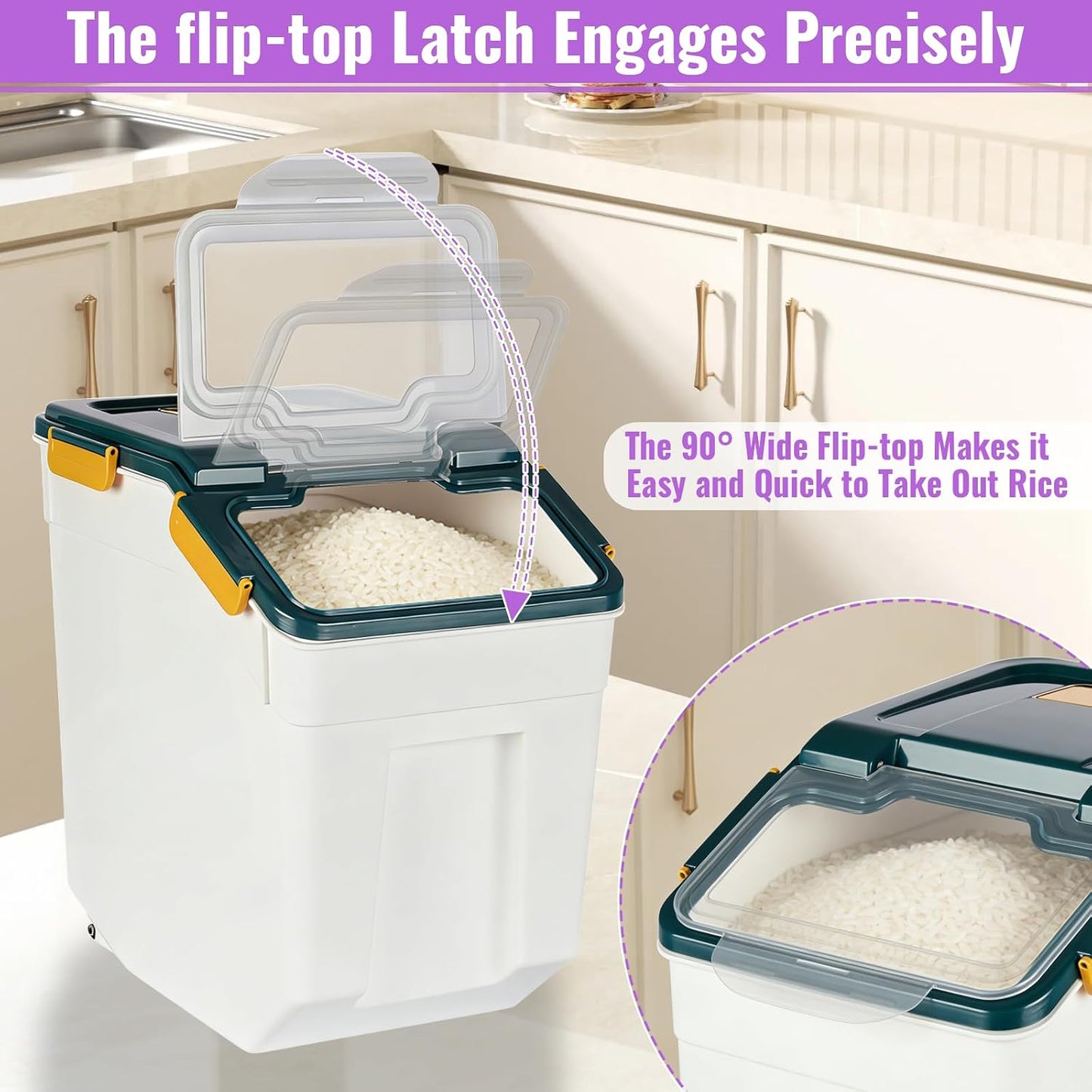 4 Pack Rice Container 25 lbs Large Bulk Flour Sugar Storage Holdhouse Plastic Grain Cereal Dry Goods Bin with Spoon and Measuring Cup for Kitchen Pantry Organization - Green