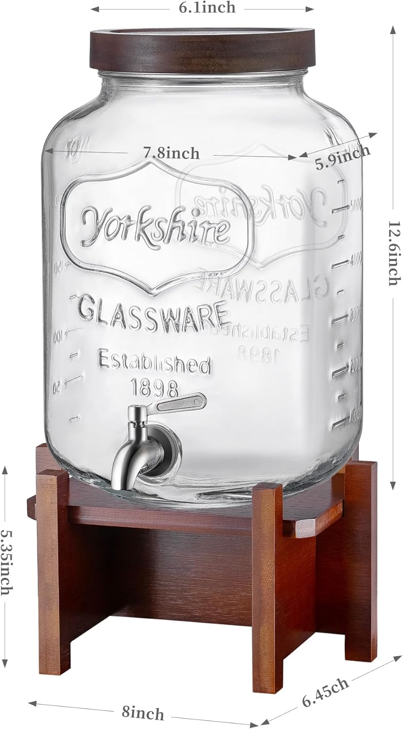 Drink Dispenser with Wood Stand and Lid,2 Gallon Glass Beverage Dispenser with Stainless Steel Spigot for Parties,Picnics,Barbecues,Lemonade,Sun tea Jar,ice coffee,Laundry Detergent Dispenser