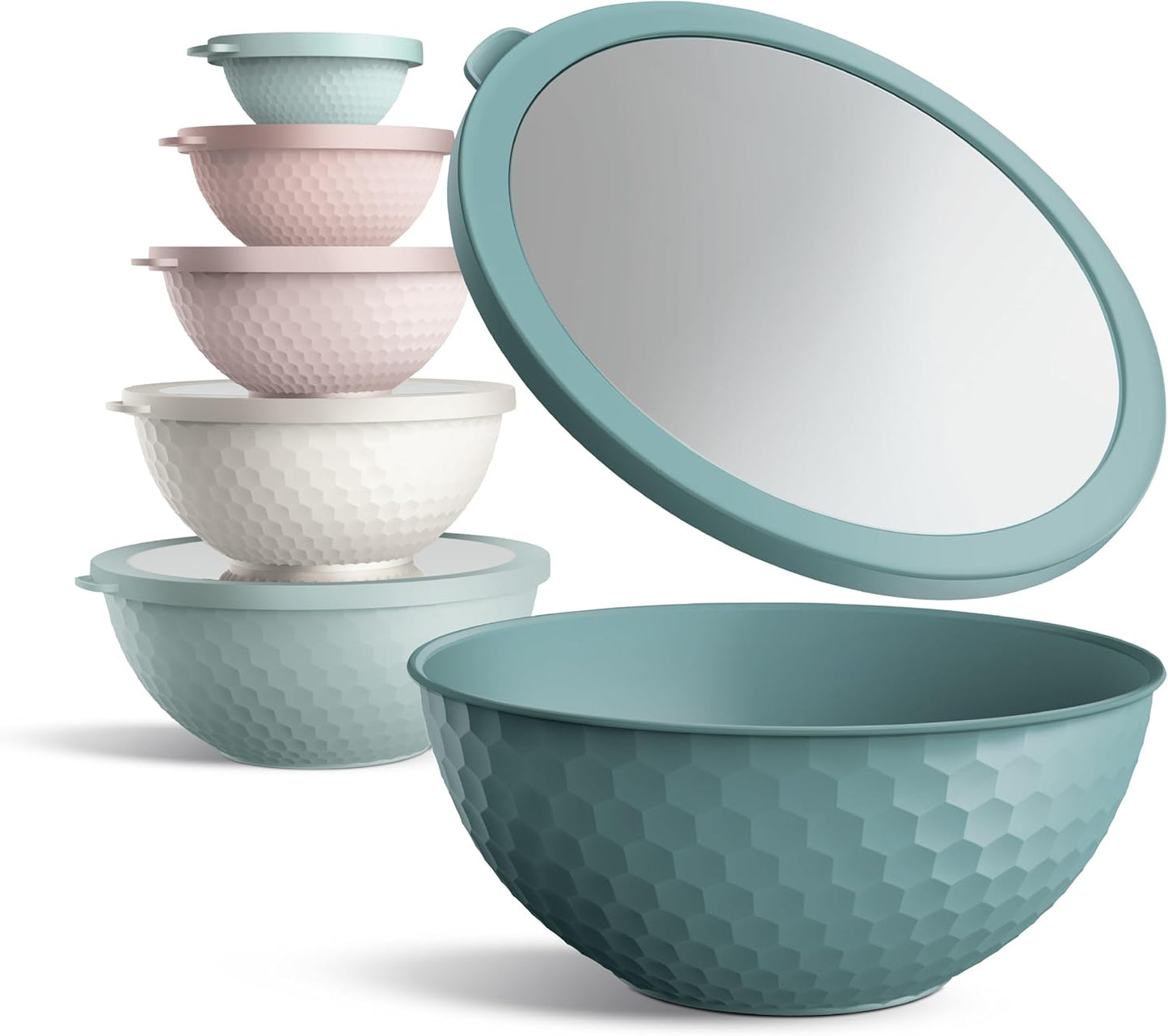 COOK WITH COLOR Mixing Bowls with Lids - 12 Piece Plastic Nesting Bowls Set includes 6 Prep Bowls and 6 Lids, Microwave Safe Mixing Bowl Set, Pink Embossed - Colors A