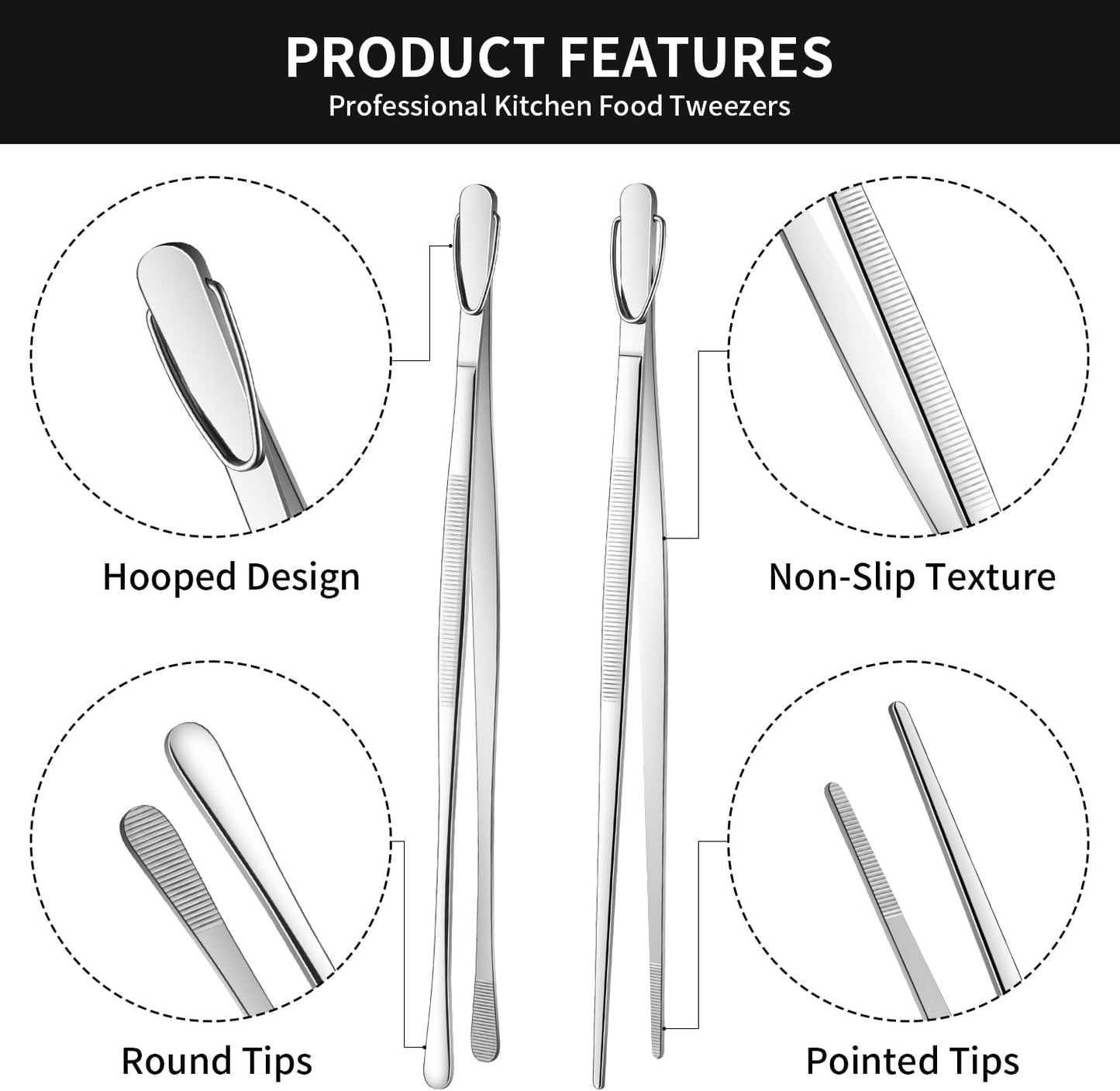 DEHOV 12 Inch Gold Stainless Steel Kitchen Tweezers For Cooking Tongs Set of 2, Metal Long Food Tweezers, BBQ Grill Tongs For Pasta
