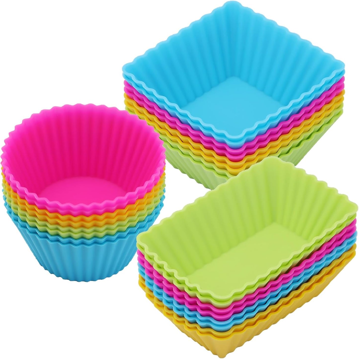 24Pack Silicone Muffin Cups, Reusable Cupcake Liners Molds for Baking, 3 Shapes Lunch Box Bento Dividers-Round, Square, and Rectangular (Orange Series, Regular Size)