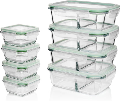 Fusion Gourmet 8 Pack 35 oz Glass Storage Containers with Lids - Airtight, Leakproof, Oven, Microwave & Freezer Safe, Stain & Odor Resistant, Reusable Meal Prep Containers (16-Piece)