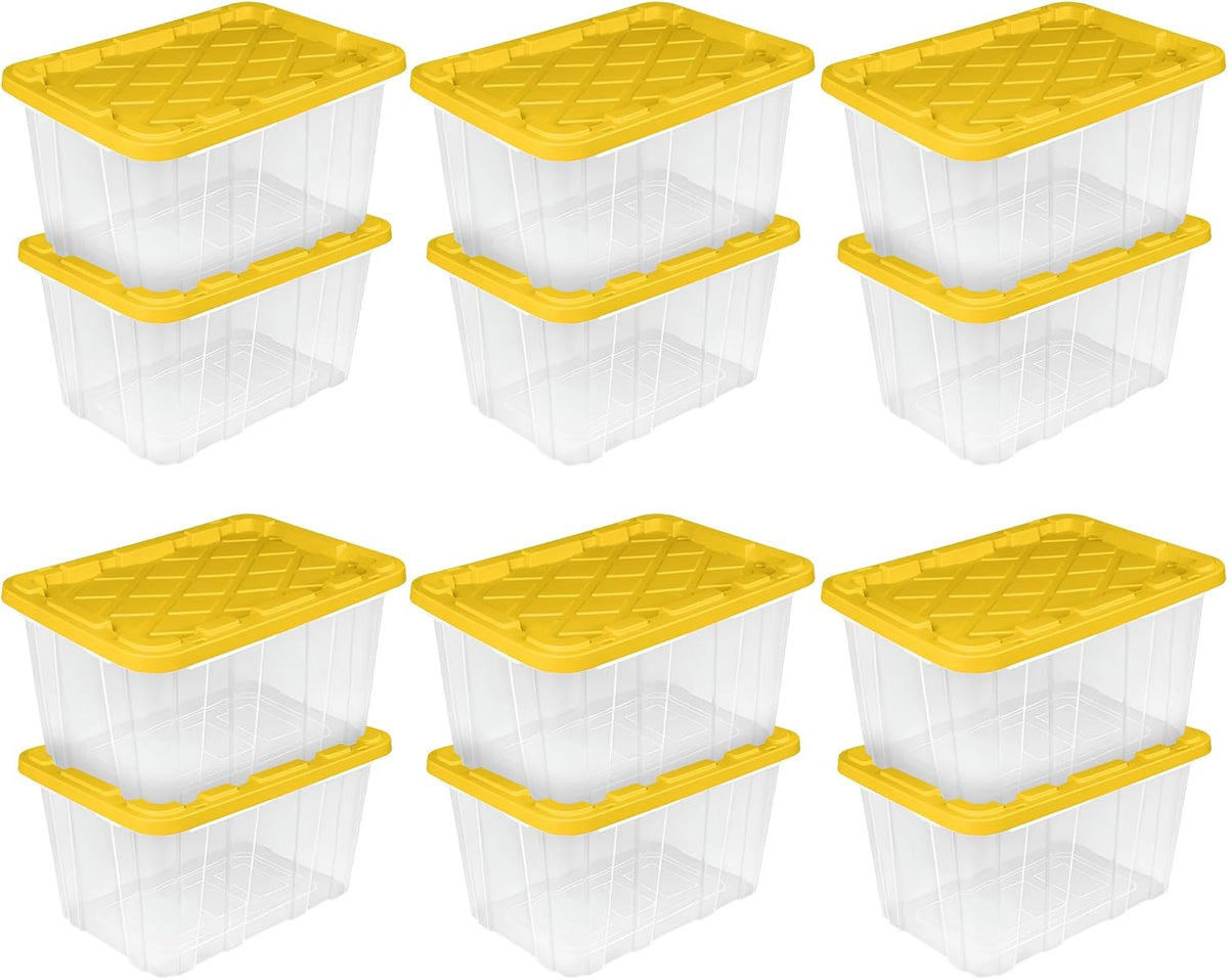 Sterilite 4-Pack 27 Gallon Industrial Storage Tote, Heavy-Duty Plastic Bins, Black/Yellow - Stackable Utility Organizers with Lids for Garage, Camping Tools, and Outdoor Gear