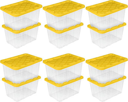 Sterilite 4-Pack 27 Gallon Industrial Storage Tote, Heavy-Duty Plastic Bins, Black/Yellow - Stackable Utility Organizers with Lids for Garage, Camping Tools, and Outdoor Gear