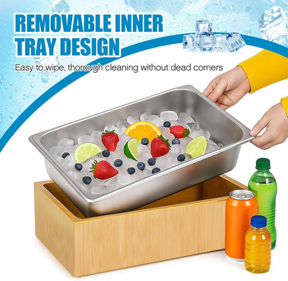Honeydak Large Ice Housing Bin with Removable Tray Ice Holder Container Wine Beer Champagne Drink Bucket Beverage Tub for Freezer Display Buffet Counter Party Chiller (Bamboo and Steel)