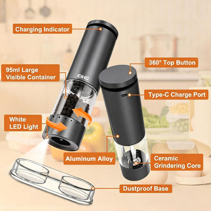 Electric Salt and Pepper Grinder Set Rechargeable, Automatic Salt and Pepper Shakers Mills External Adjustable Coarseness, Kitchen Gadgets, Stocking Stuffers Christmas Cooking Gifts for Men Women