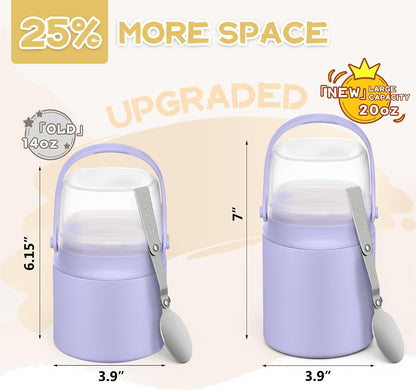 2 - in - 1 Soup Thermo for Hot Food 14oz with Snack Box Container Leak Proof Insulated Lunch Container Kids and Adults Stainless Steel Double Wall Vacuum Wide-mouth Thermal with Spoon and Handle