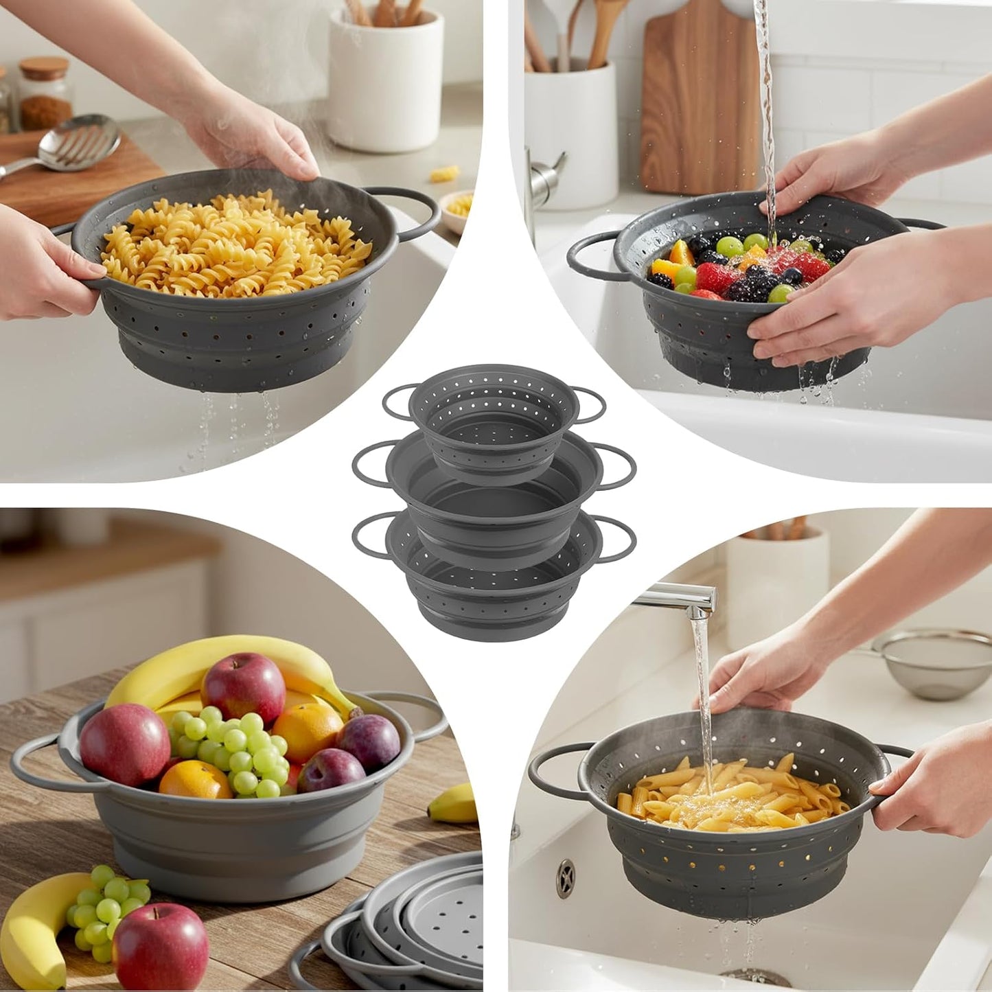 3 Pack Collapsible Colander with Strainer Bowl Set, 11 & 13 In BPA-Free Silicone Colanders for Kitchen, Heat-Resistant Strainer Dishwasher Safe Baskets for Vegetable Fruits(White)