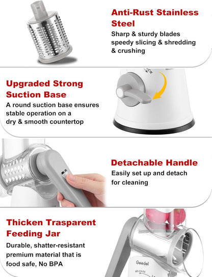 Geedel Rotary Cheese Grater, Kitchen Mandoline Vegetable Slicer with 3 Interchangeable Blades, Easy to Clean Rotary Grater Slicer for Cheese, Vegetables, Nuts