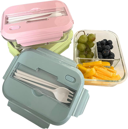 THY COLLECTIBLES Set of 3 36 OZ Glass Lunch Storage Containers with Lids and Utensils, Microwave Safe, Leak Proof, Freezer to Oven Safe for Meal Prep, Leftovers, Cooking, Bento Box (3 Compartments)