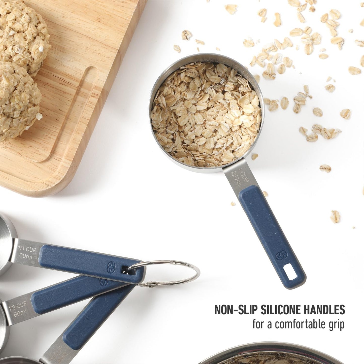 Calphalon Prime Measuring Cups, Kitchen Measurement Cup, 4-Piece Stainless Steel Kitchen Measuring Cup with Navy Silicone Handle Accurate, Durable for Dry and Liquid Ingredients