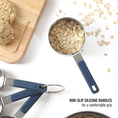 Calphalon Prime Measuring Cups, Kitchen Measurement Cup, 4-Piece Stainless Steel Kitchen Measuring Cup with Navy Silicone Handle Accurate, Durable for Dry and Liquid Ingredients