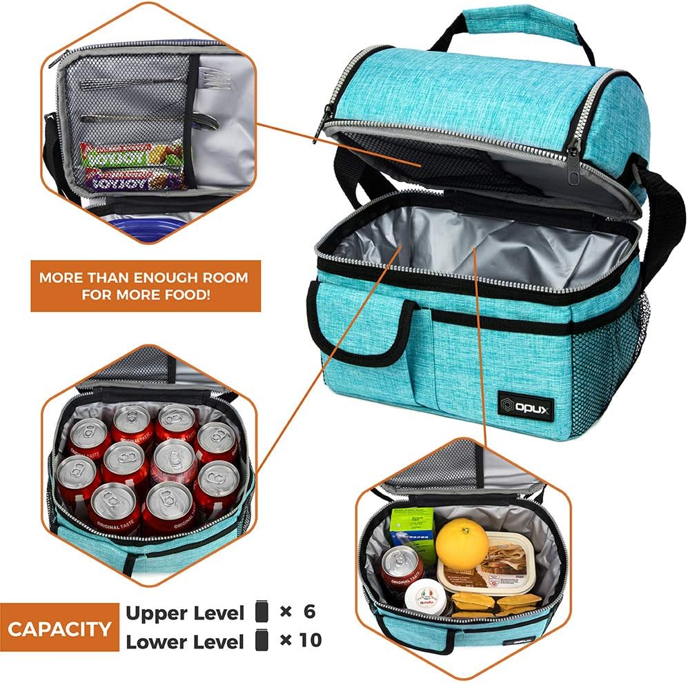 opux Insulated Lunch Bag Women Men, Dual Compartment Leakproof Lunch Box Adults Kids, Double Decker Meal Prep Bento Lunch Cooler Tote with Shoulder Strap for Work Office School Travel, Floral Purple