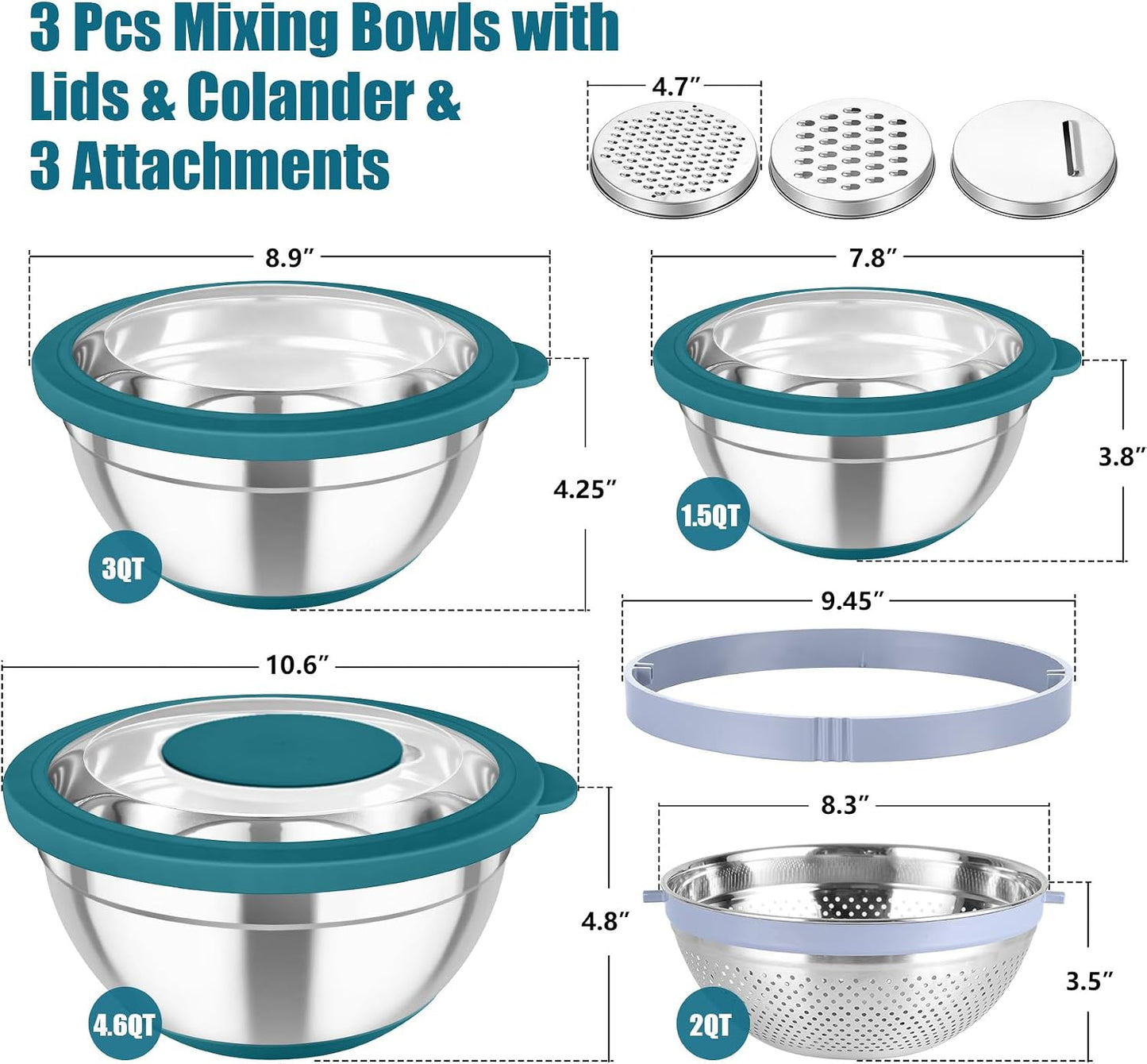 TeamFar Mixing Bowls with Colander Set, Stainless Steel Strainer and Nesting Salad Bowls, with Lids & 3 Graters, Non-Slip Bottom & Visible Lid, Rotatable & Dishwasher Safe, 4.6/3/1.5 QT, Khaki