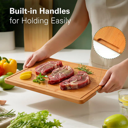 Zarler Bamboo Cutting Boards for Kitchen, 3 Piece Durable Wood Cutting Board with Juice Grooves and Handles, Wooden Chopping Board Set for Meal Prep, XL Size, Ideal Kitchen Gift