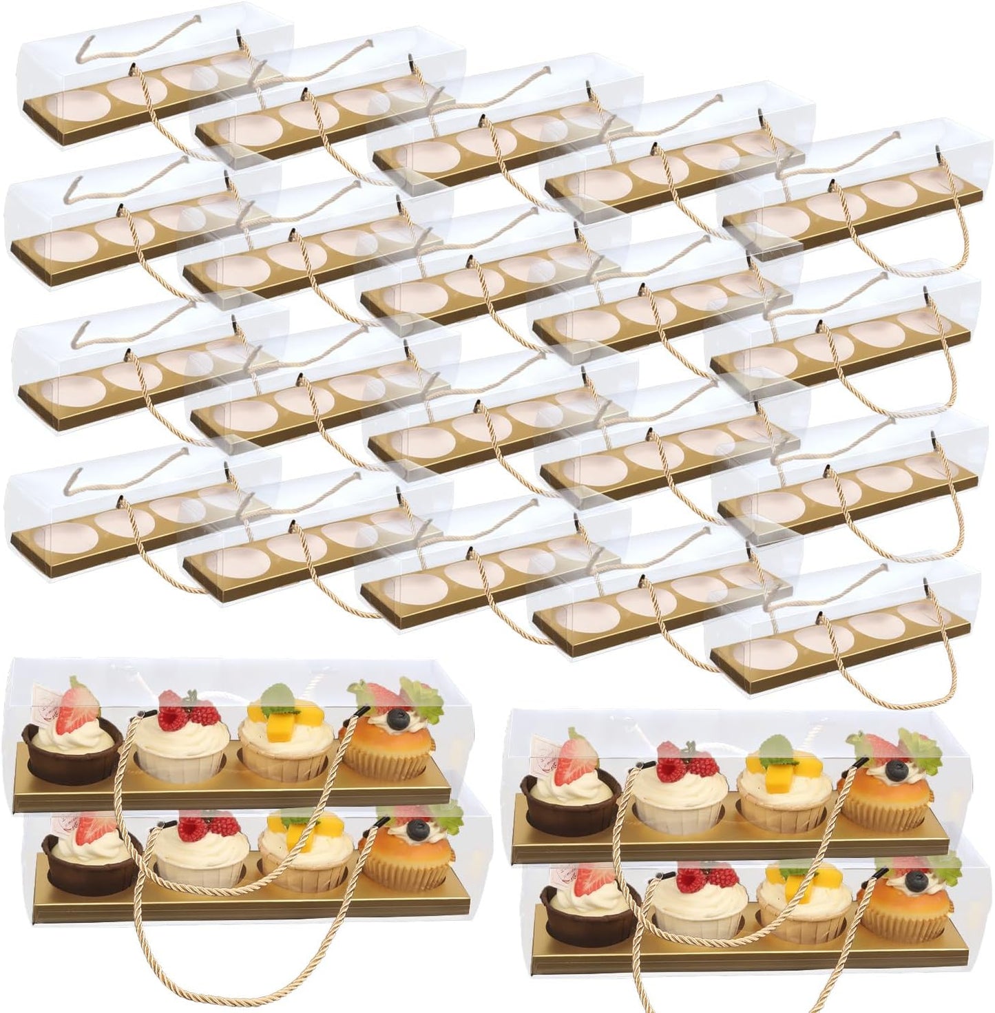 Clear Cupcake Boxes with Handle, 24 Pcs 4 Bakery Cake Boxes, Rectangular Cupcake Containers, Transparent Treat Boxes, Gift Boxes for Wedding Party, Dessert Packaging,12 x 3 x 3 Inch (Gold)