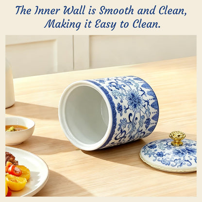 Vintage Blue White Salt Cellar with Lid - Airtight Ceramic Jar