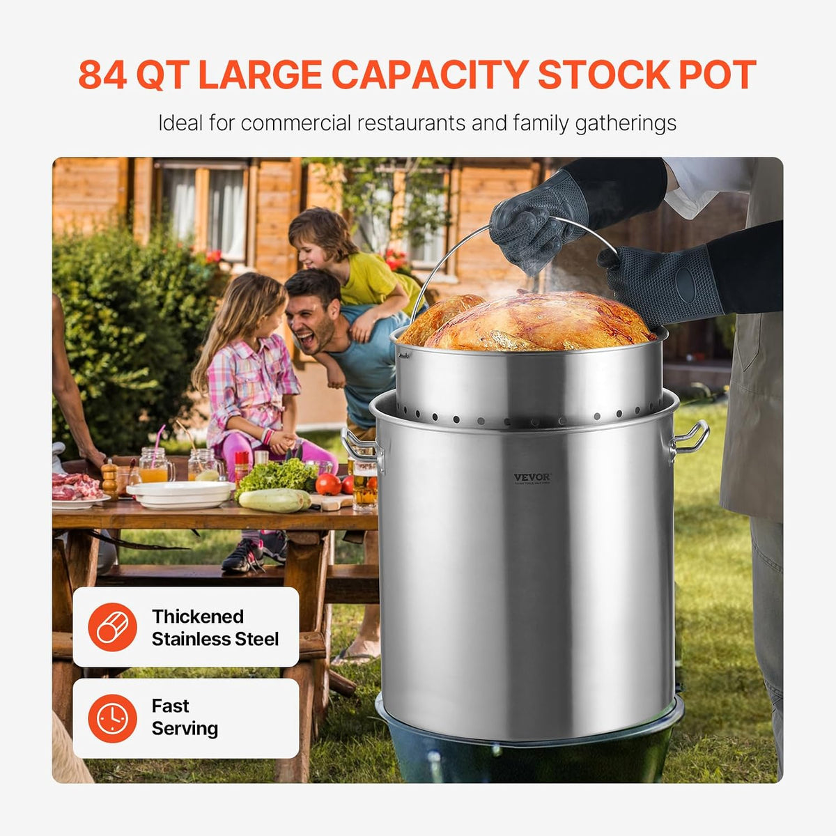 VEVOR Stainless Steel Stockpot, 42 Quart Large Cooking Pots, Cookware Sauce Pot with Strainer, Lid, and Handle, Heavy Duty Commercial Grade Stock Pot, Sanding Treatment, for Large Groups Events Silver