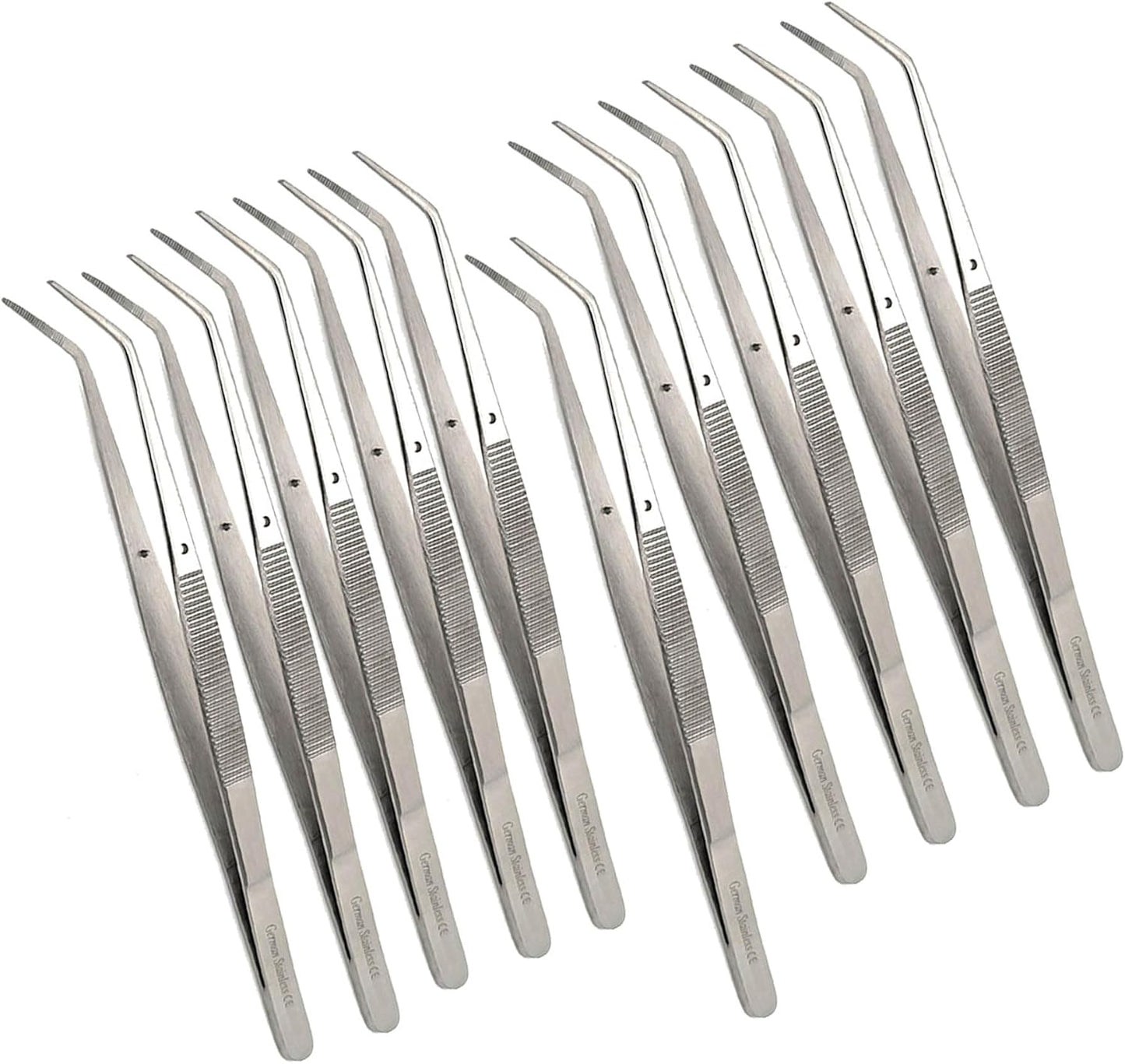 6 Inch Professional Culinary Stainless Steel Precision Tongs with Angled Serrated Tips, Plating/Food Presentation Detailing Serving Tongs, Chef's Kitchen Tweezer Tongs - Ultra Non-Slip Grip