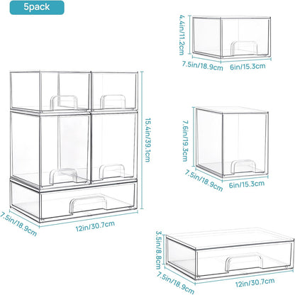 Vtopmart Stackable Storage Drawers Set of 5, Clear Plastic Organizer Bins for Baby Bottle, Beauty Supplies Storage, Ideal for Kichen Countertop, Vanity, Bathroom, Cabinet, Pantry Organization