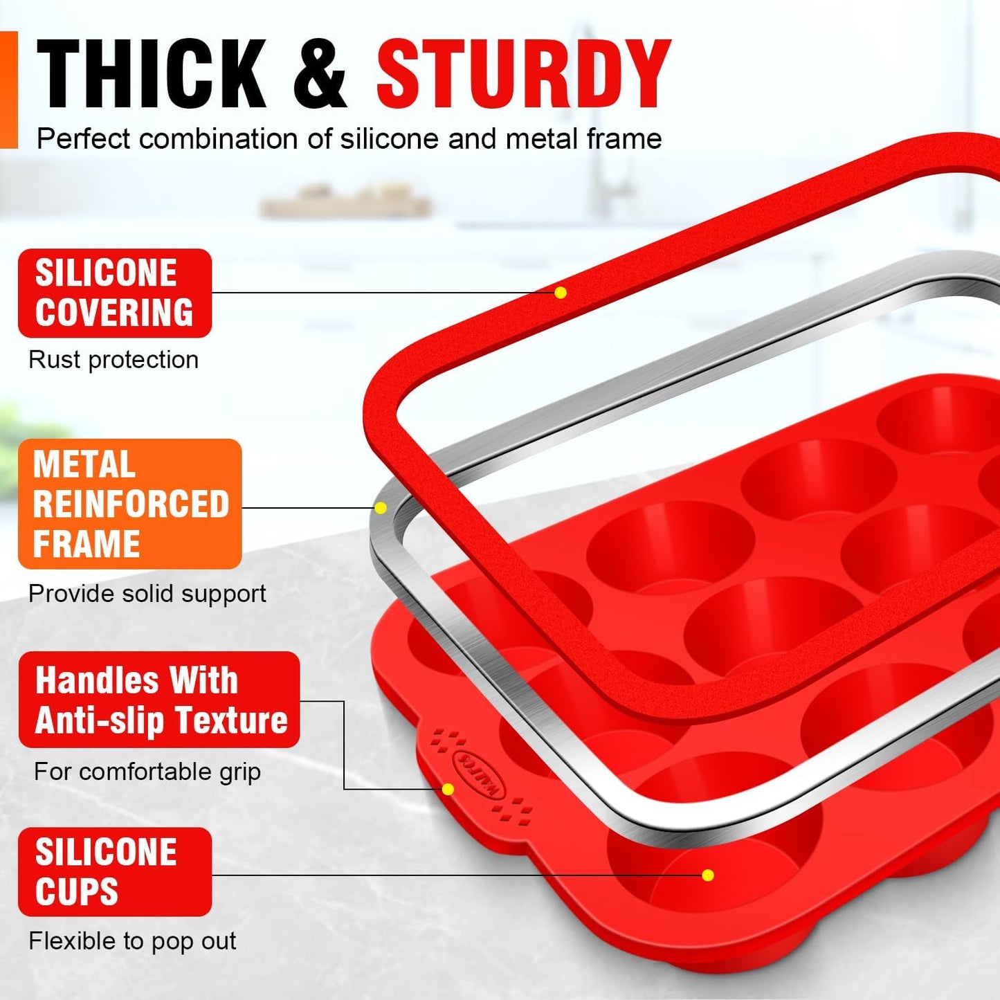 Walfos Silicone Muffin Pan - 12 Cups Regular Silicone Cupcake Pan, Non-stick Great for Making Muffin Cakes, Tart, Bread - BPA Free and Dishwasher Safe
