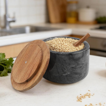 Salt and Pepper Spice Cellar, Marble Container for Coffee, Sugar, Spices and Candies, With Built-in Magnetic Attraction Spoon and Acacia Wood Lid, 6.5 oz (Snowflake White)