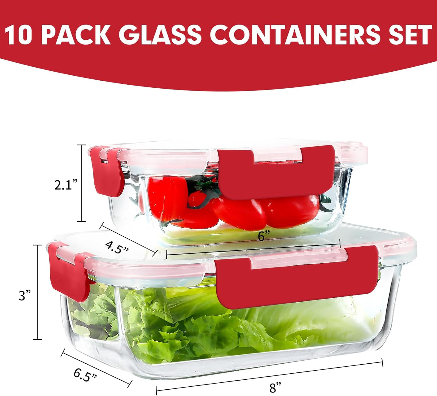 VERONES 10Pack Glass Meal Prep Containers, Airtight Glass Lunch Containers,Stackable Glass Food Storage Containers Set with Lids,Exclusive of BPA, for Microwave,Oven, Freezer&Dishwasher Friendly,Green