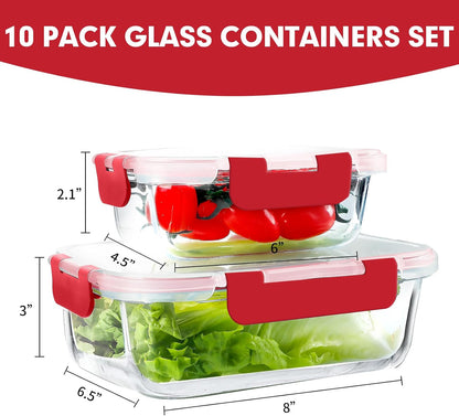 VERONES 10Pack Glass Meal Prep Containers, Airtight Glass Lunch Containers,Stackable Glass Food Storage Containers Set with Lids,Exclusive of BPA, for Microwave,Oven, Freezer&Dishwasher Friendly,Green