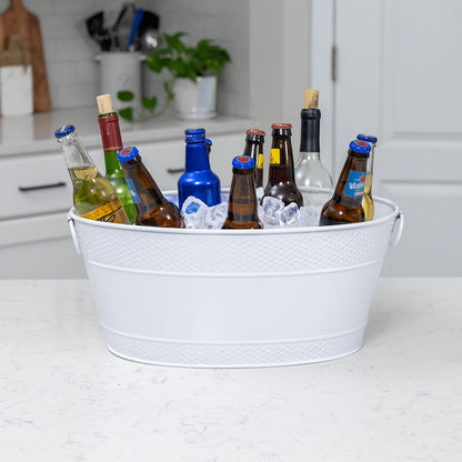 BREKX White Drink Cooler for Parties, Sealed Leak & Rust Resistant Galvanized Tub, Large Ice Bucket and Drink Bucket with Handles, 15 Quarts (4 Gallon), Oval Bucket with Easy to Clean Glossy Finish