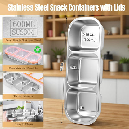 Stainless Steel Snack Containers with Lids – Reusable 3-Compartment Divided Food Storage Box for Various occasions, Portable Sauce Cups and Condiment Holder for Travel, Lunch, On-the-Go