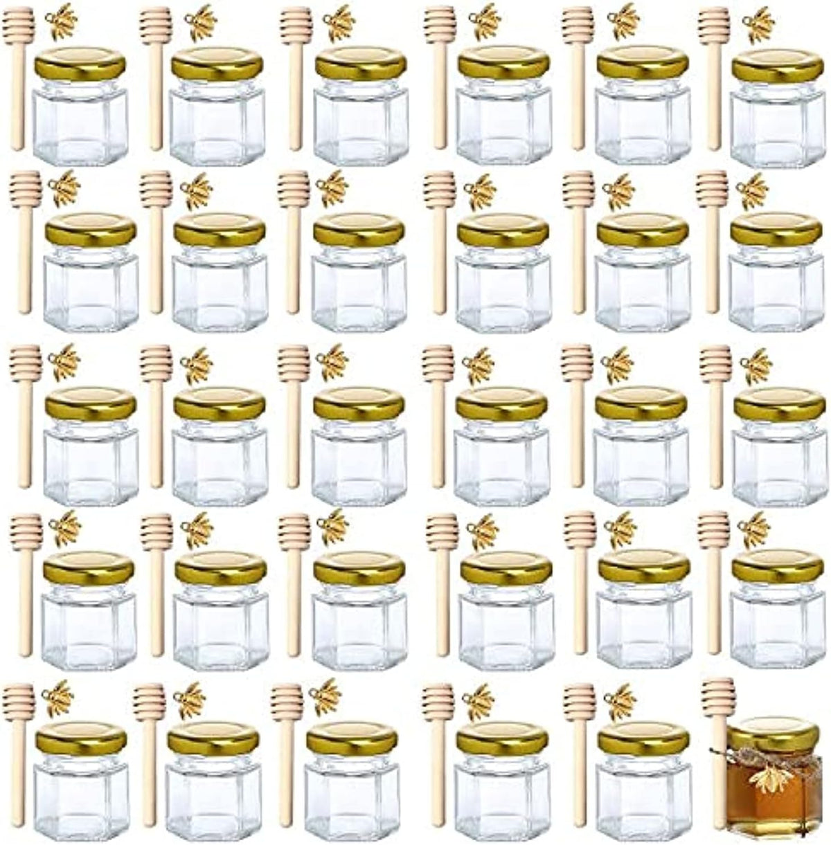 XING-RUIYANG 1.5 oz Hexagon Mini Glass Honey Jars -30Pack Honey Jars with Wood Dipper, Gold Lid, Bee Pendants, Jutes - Perfect for Baby Shower, Wedding Favors, Party Favors