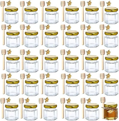 XING-RUIYANG 1.5 oz Hexagon Mini Glass Honey Jars -30Pack Honey Jars with Wood Dipper, Gold Lid, Bee Pendants, Jutes - Perfect for Baby Shower, Wedding Favors, Party Favors