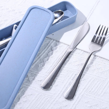 HANSGO Travel Utensils with Case, 4PCS Stainless Steel Portable Cutlery Set, Built-in Card Slot Design for Fixing Tableware, Easy-Open Lid, Lunch Box for Camping Work School, Dishwasher Safe, Beige
