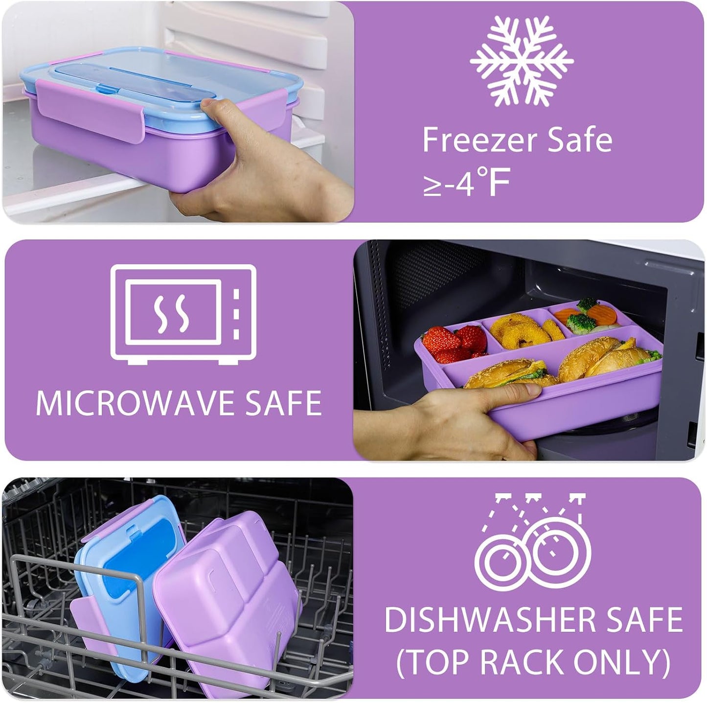 Caperci Bento Box for Kids - 50oz Larger Lunch Box Containers for Kids, Reinforced Leakproof, Built-in Sauce Cup, Utensils, 4 Compartments, BPA-Free Microwave & Dishwasher Safe (Lavender Pop)