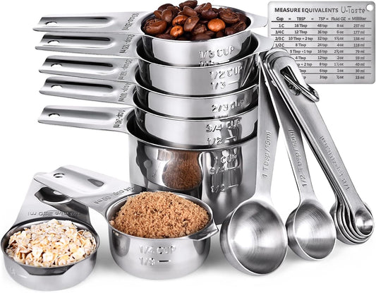 Measuring Cups, U-Taste Magnetic Measuring Cups and Spoons Set of 13 in 18/8 Stainless Steel: 7 Measuring Cups and 5 Measuring Spoons with 1 Professional Magnetic Measurement Conversion Chart