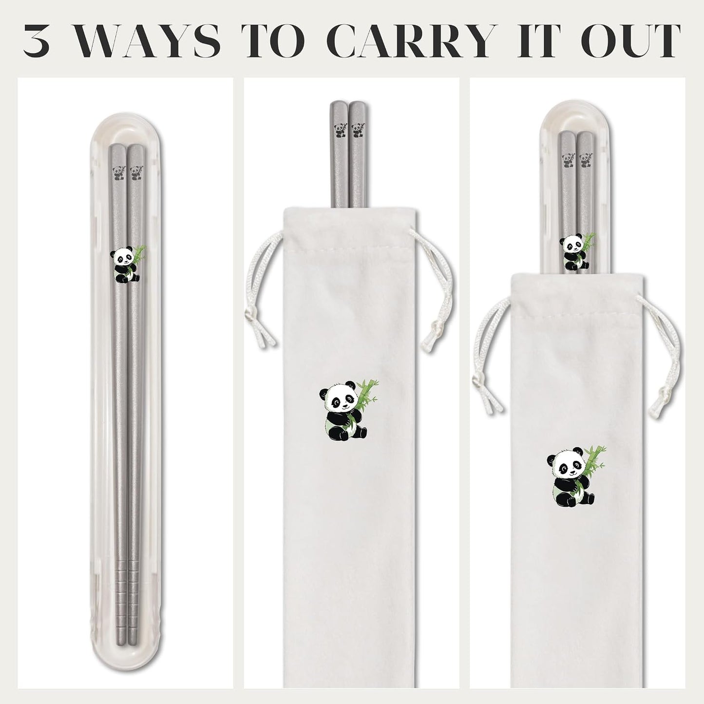 1 Pair Titanium Chopsticks-Unbreakable Camping & Travel Utensils, Panda Laser Engraved Lightweight Chopsticks Gift Set with Carry Case, Drawstring Bag/Dishwasher Safe(99.8% Pure Titanium)