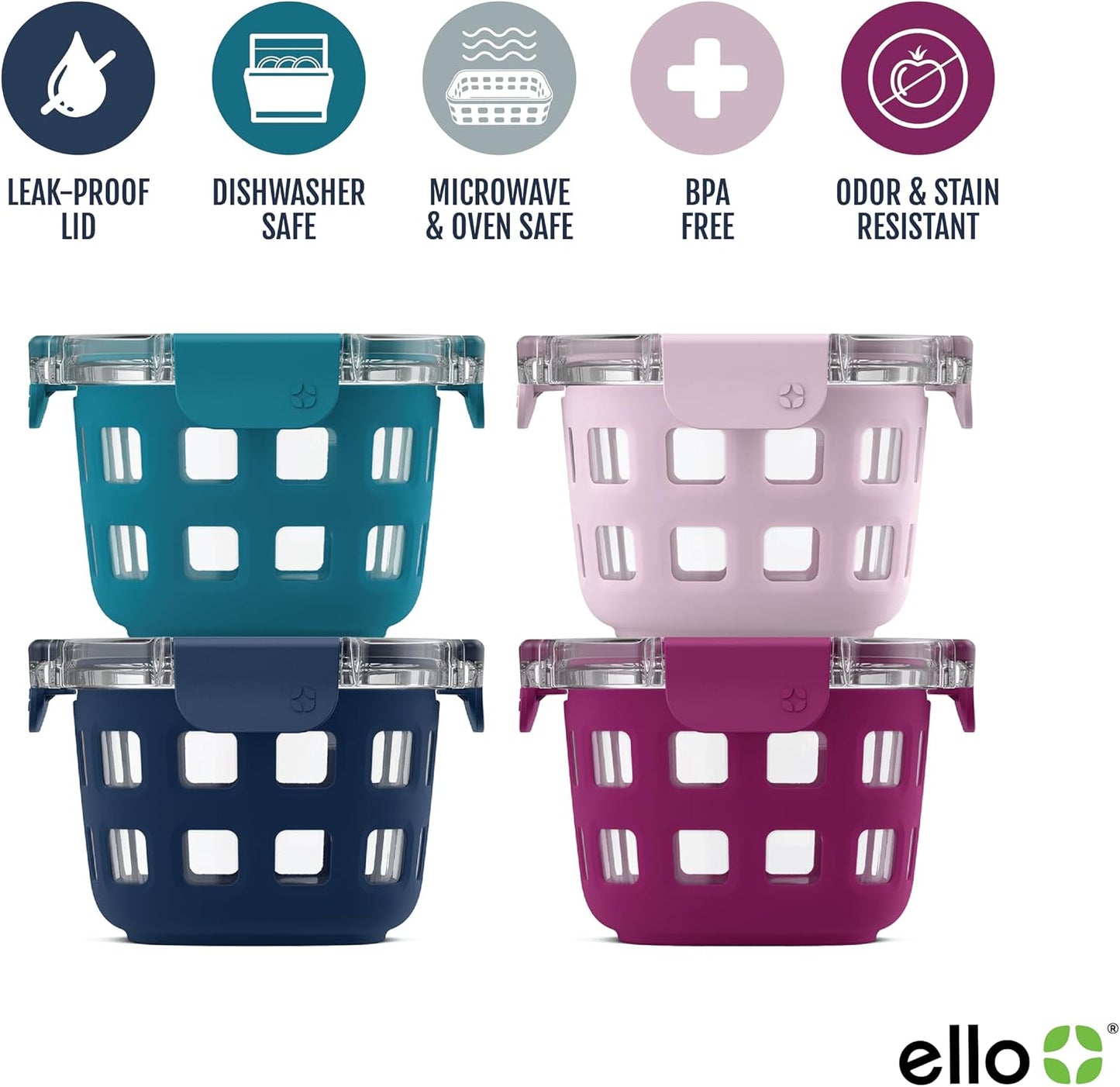 Ello Duraglass Glass Meal Prep Sets Leak-Proof Glass Food Storage Containers with Airtight BPA-Free Plastic Lids, Dishwasher, Microwave, and Freezer Safe