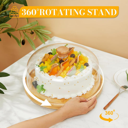 Rotating Cake Stand with Lid, 12'' Wood Food Plate with Cover, Serving Tray, Fruit Platter, Salad Bowl, Dessert Table Display & Acrylic Cake Dome Cover for Party