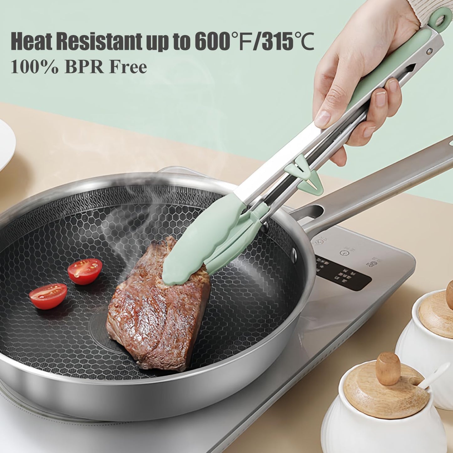 Silicone Tongs for Cooking, 3Pcs Stainless Steel Kitchen Tong with Silicone Tips, Heat Resistant Food Grade Small Serving Tong for BBQ Salad, Blue(7"+9"+12")