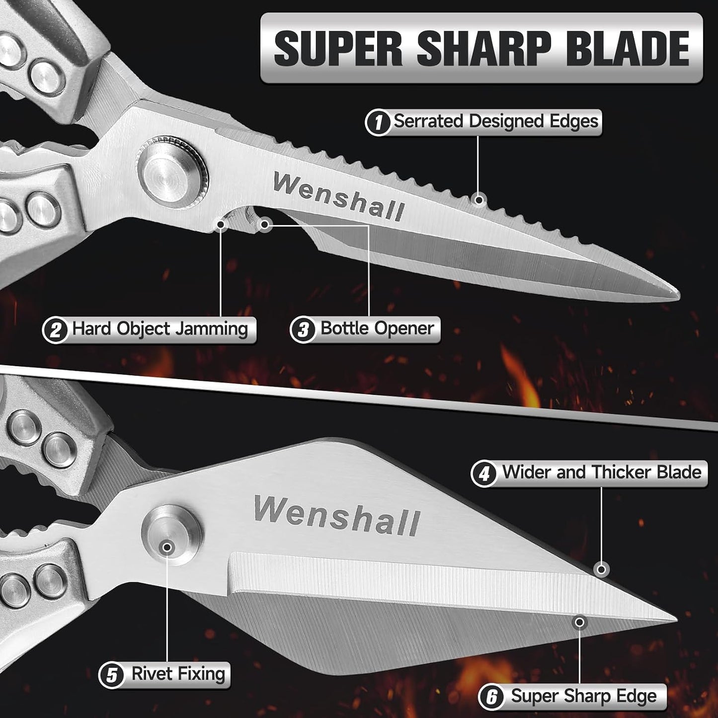 Wenshall 2-Pack Heavy Duty All-Purpose Kitchen Scissors, Japanese Stainless Steel, Kitchen Shears for Cutting Chicken, Poultry, Game, Meat - Chopping Vegetable, Dishwasher Safe,Christmas Gifts（Silver）