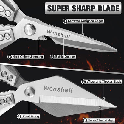 Wenshall 2-Pack Heavy Duty All-Purpose Kitchen Scissors, Japanese Stainless Steel, Kitchen Shears for Cutting Chicken, Poultry, Game, Meat - Chopping Vegetable, Dishwasher Safe,Christmas Gifts（Silver）