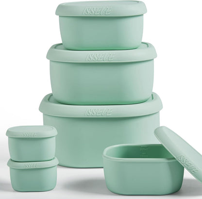 ISSEVE 6Pcs/Set Nesting Silicone Food Storage Containers with Lids, BPA Free Reusable Meal Prep Silicone Containers Lunch Box Bento Box Set (33.8oz, 20oz, 10oz, 6.7oz, 1.3oz) (Purple)