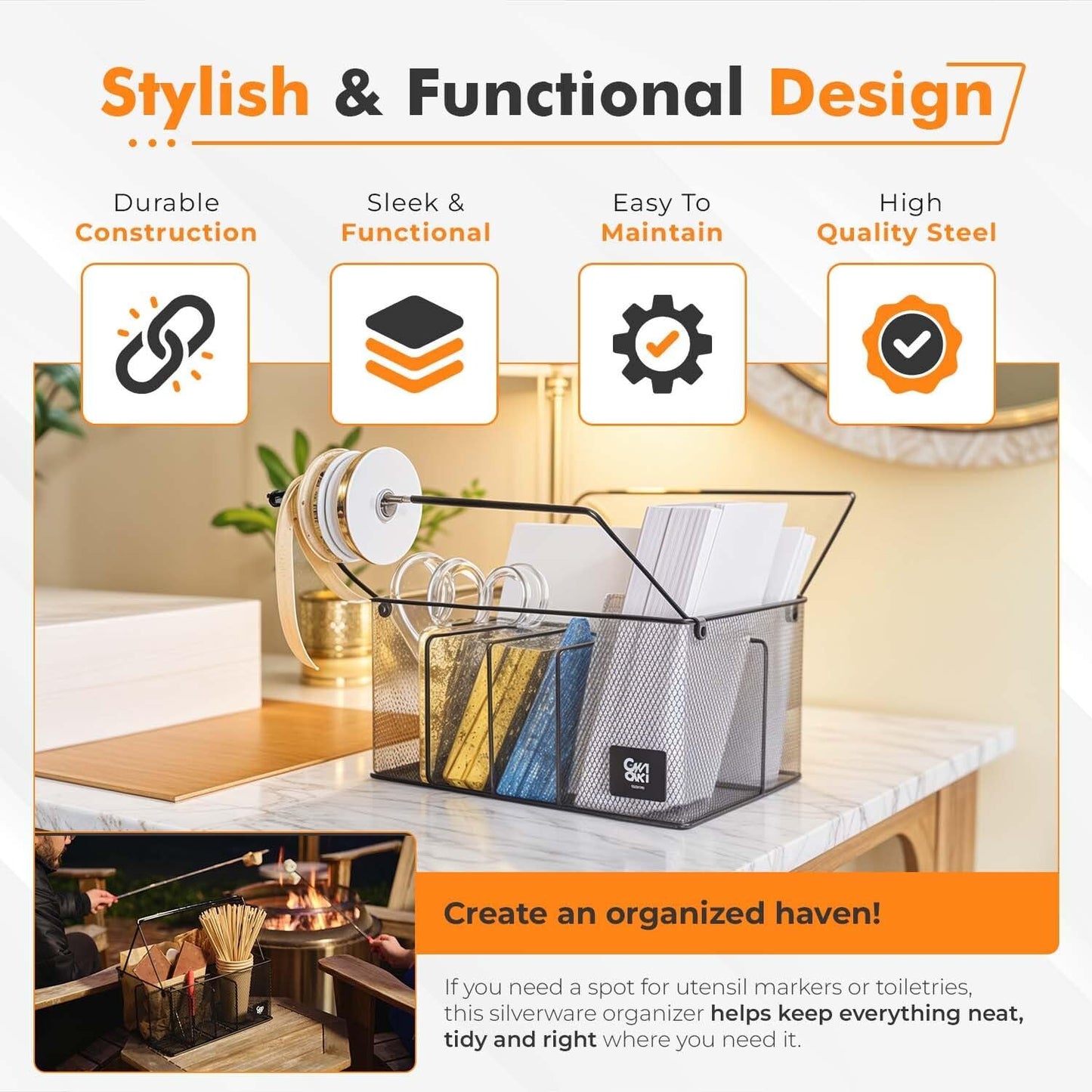 Candor23 Steel Mesh Silverware Caddy, Paper Plate Organizer for Countertop, Utensil Caddy with Removable Handle, Oversized Utensil Holder for Kitchen Counter, Office, Black