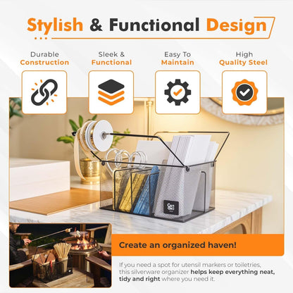 Candor23 Steel Mesh Silverware Caddy, Paper Plate Organizer for Countertop, Utensil Caddy with Removable Handle, Oversized Utensil Holder for Kitchen Counter, Office, Black