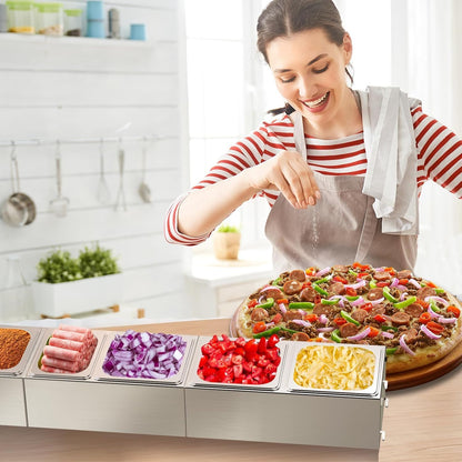Pizza Topping Station for Pizza Oven Table, Stainless Steel Pizza Container with 6 Seasoning Containers with Lids, for Prepping Ingredients and Toppings, Oven Accessories Outdoor