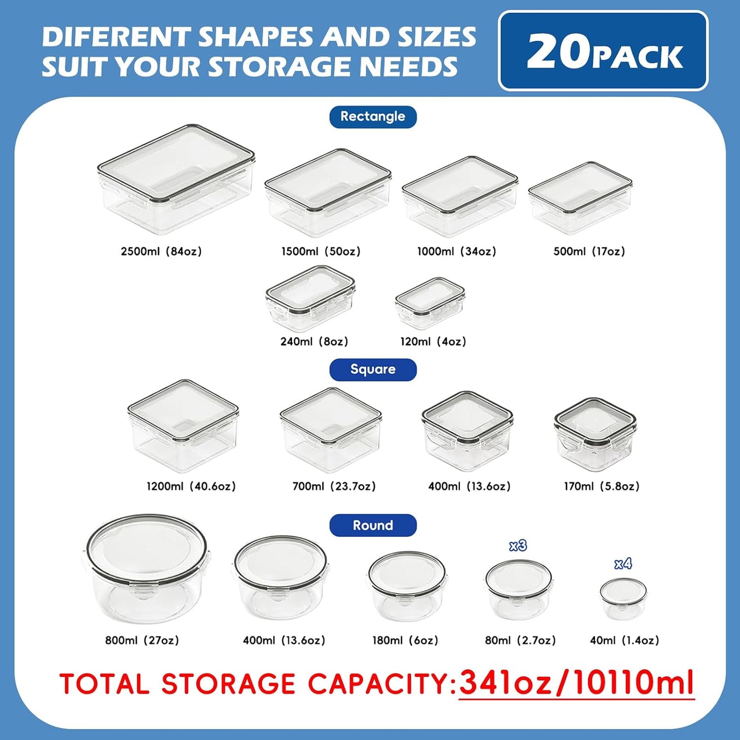 40 Pcs 84oz Large Food Storage Containers with Lids, Reusable Meal Prep Containers for Kitchen Storage, Airtight Leakproof & BPA-Free Freezer, Microwave & Dishwasher Safe