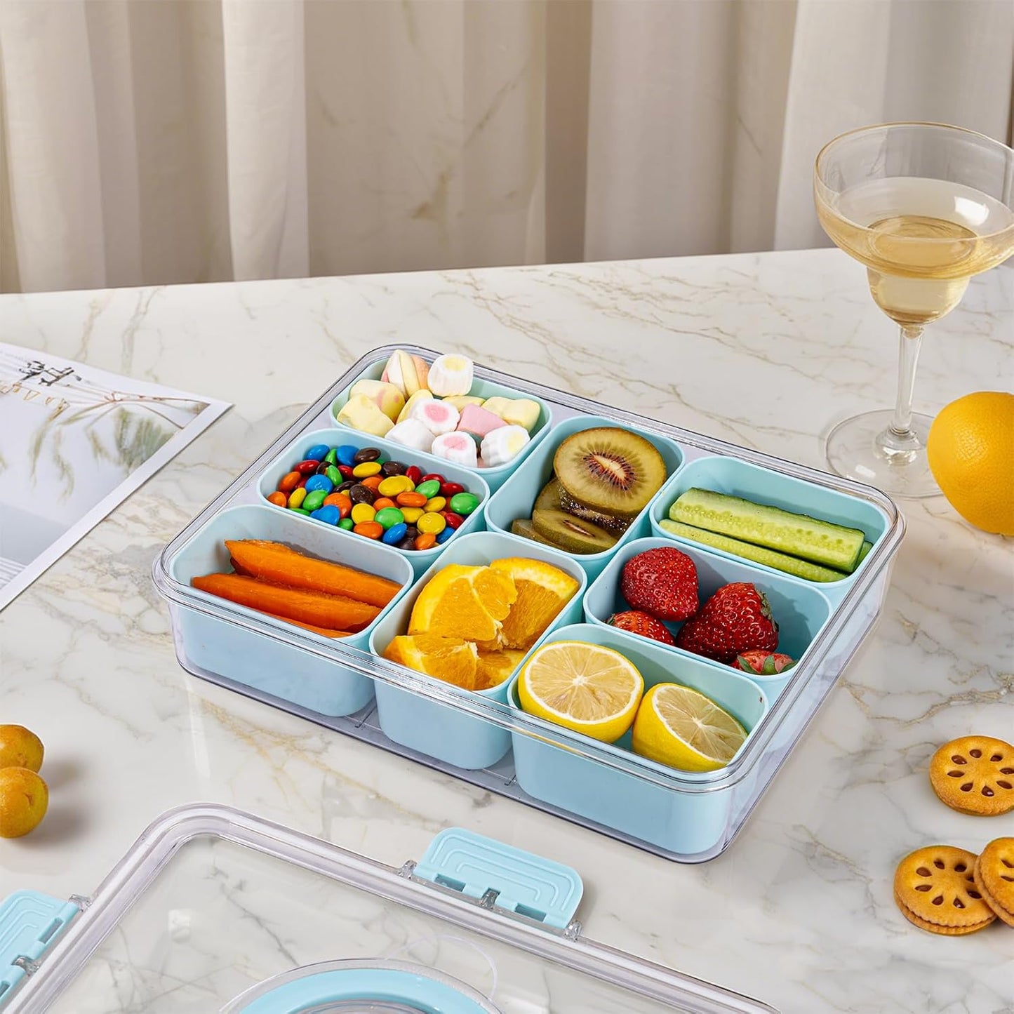 U-QE Dishwasher Safe Snackle Box Container with 8 Small Snacks Box - Premium Ivory Plastic Divided Serving Tray with Lid and Handle for Snack, Veggie, Fruits, Perfect for Party, Picnic, Entertaining