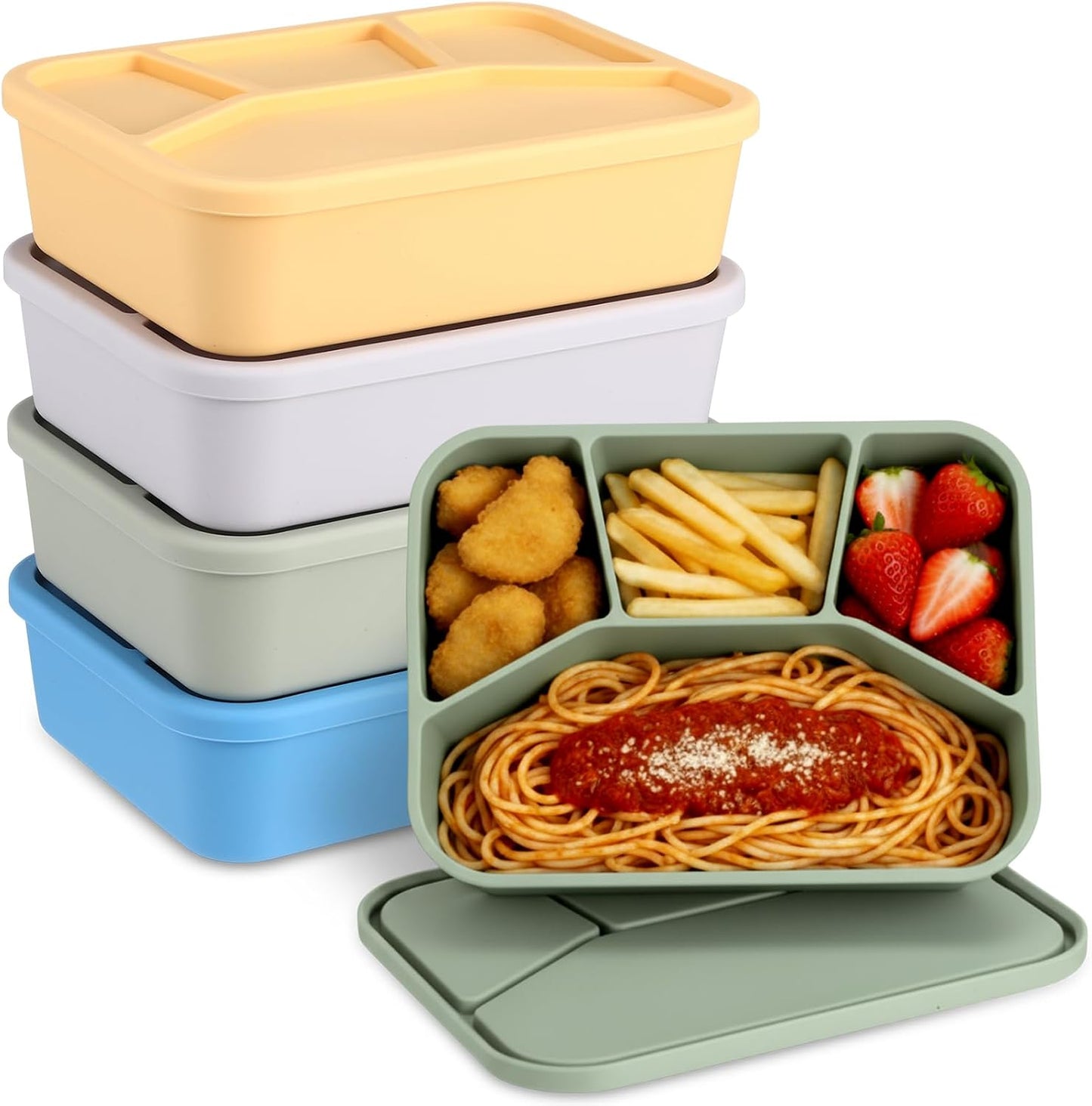 Honeydak 6 Pcs Silicone Bento Box Reusable Lunch Container 4 Compartment Snack Boxes with Lid Smooth LeakProof Rectangle Food Boxes for Adult Work Travel Food Storage (Cute Color)